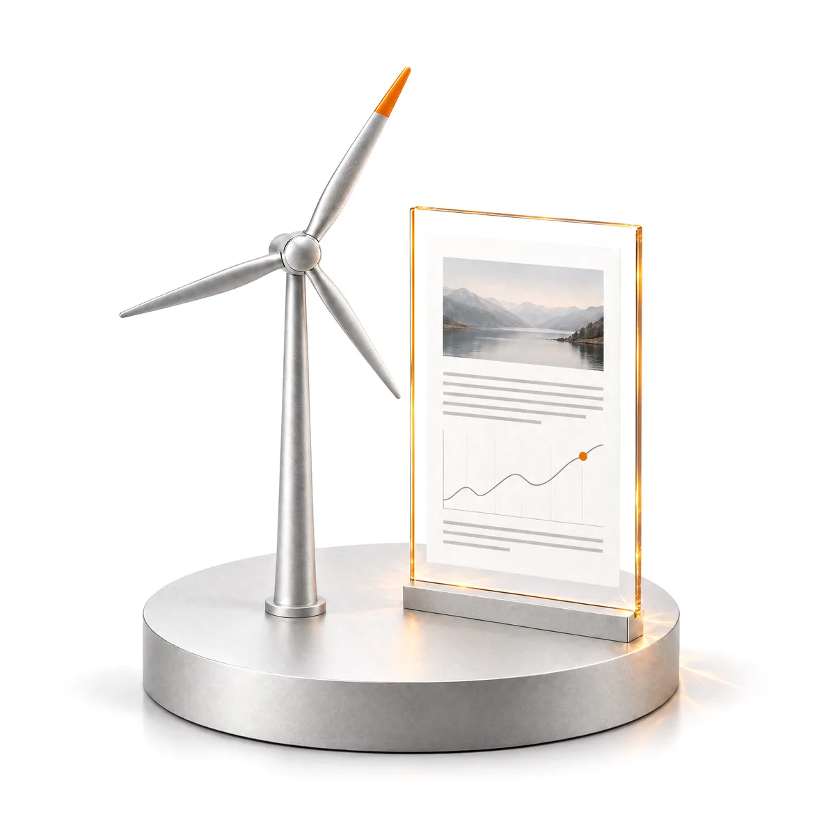 A miniature aluminium wind turbine with one amber blade tip beside a glass document pane