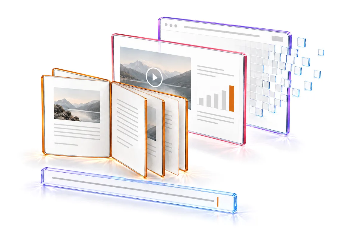 A crystal prompt bar with an amber cursor, a glass flipbook, a slide and a browser pane rising from it